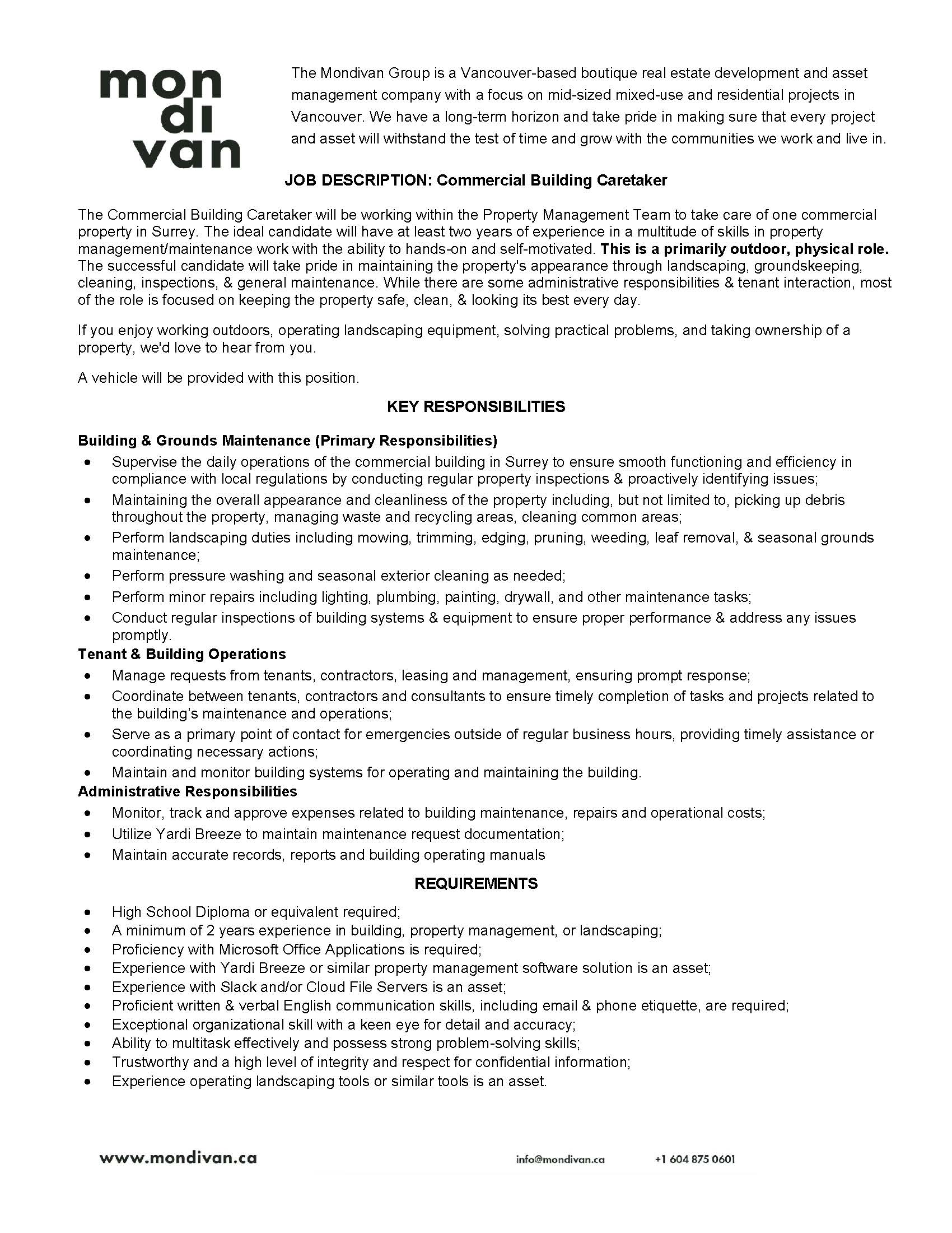Commercial Building Caretaker Job Description